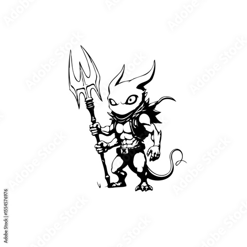 Cartoon devil character holding a trident in black and white vector graphic illustration design
