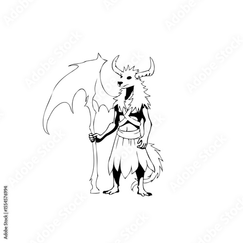 Whimsical creature with horns stands guard holding ornate halberd in fantasy forest setting