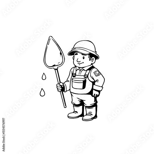 Illustration of a worker holding a net with water droplets in outline style great artwork