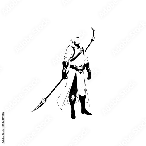 Illustration of a mystical warrior wielding a double bladed spear in black and white style drawing art
