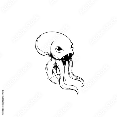 Creepy cartoon alien squid monster illustration with menacing expression and sharp teeth for horror themes