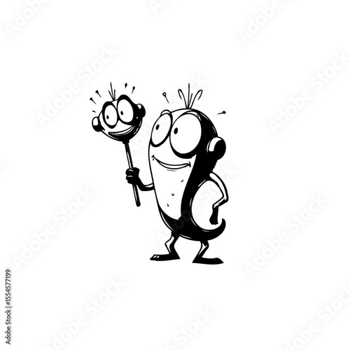 Whimsical cartoon character holding a mirror reflecting its quirky self humorous black and white design