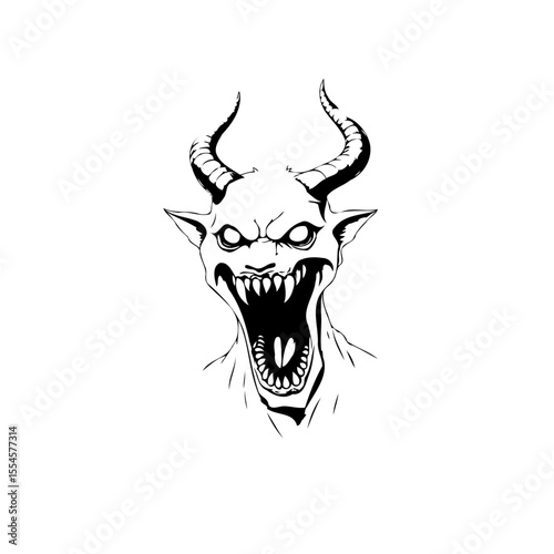 Intense devilish character showcasing demonic features with horns and a terrifying mouth within minimalistic artwork illustration