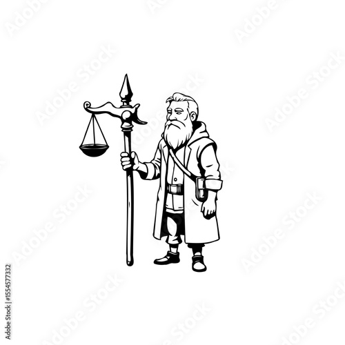 Wise bearded man illustration with scales of justice and a long staff for balance and equity