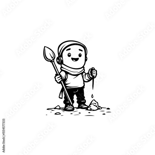 Adorable explorer cartoon character stands confidently with shovel and dripping canteen a whimsical illustration