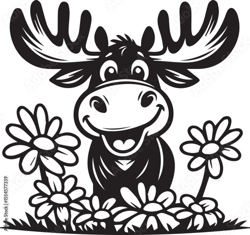 This black and white illustration shows a friendly, cartoon moose with large, smiling eyes and an open, cheerful mouth. It's peeking out from behind a collection of stylized daisy-like flowers, sugges