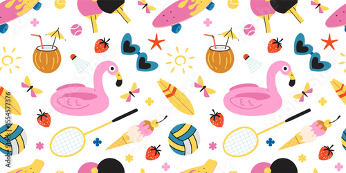 Seamless pattern with inflatable flamingos, beach gear, ice cream, balls, rackets and summer symbols. Trendy modern vector illustration on white background, hand drawn, flat design