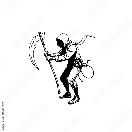 Hooded figure wielding scythe, an emblem of darkness and mysterious silhouette holding grim reaper tool, a symbol