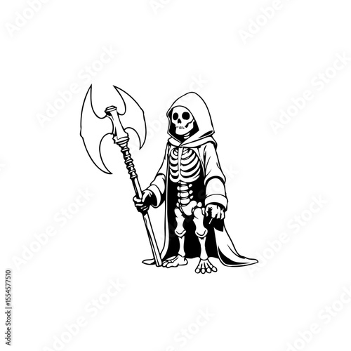 Creepy skeleton warrior with a battle axe, deathly reaper in robe drawing, illustration, character in graphic design