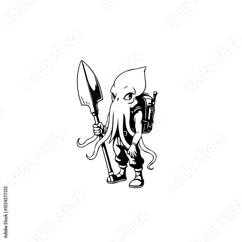 Illustration of an alien creature with a shovel and backpack ready for adventure exploration and discovery