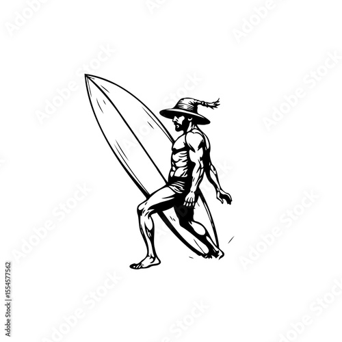 Surfer man with hat in monochrome style holding surfboard illustration on white background depicts lifestyle outdoor activity
