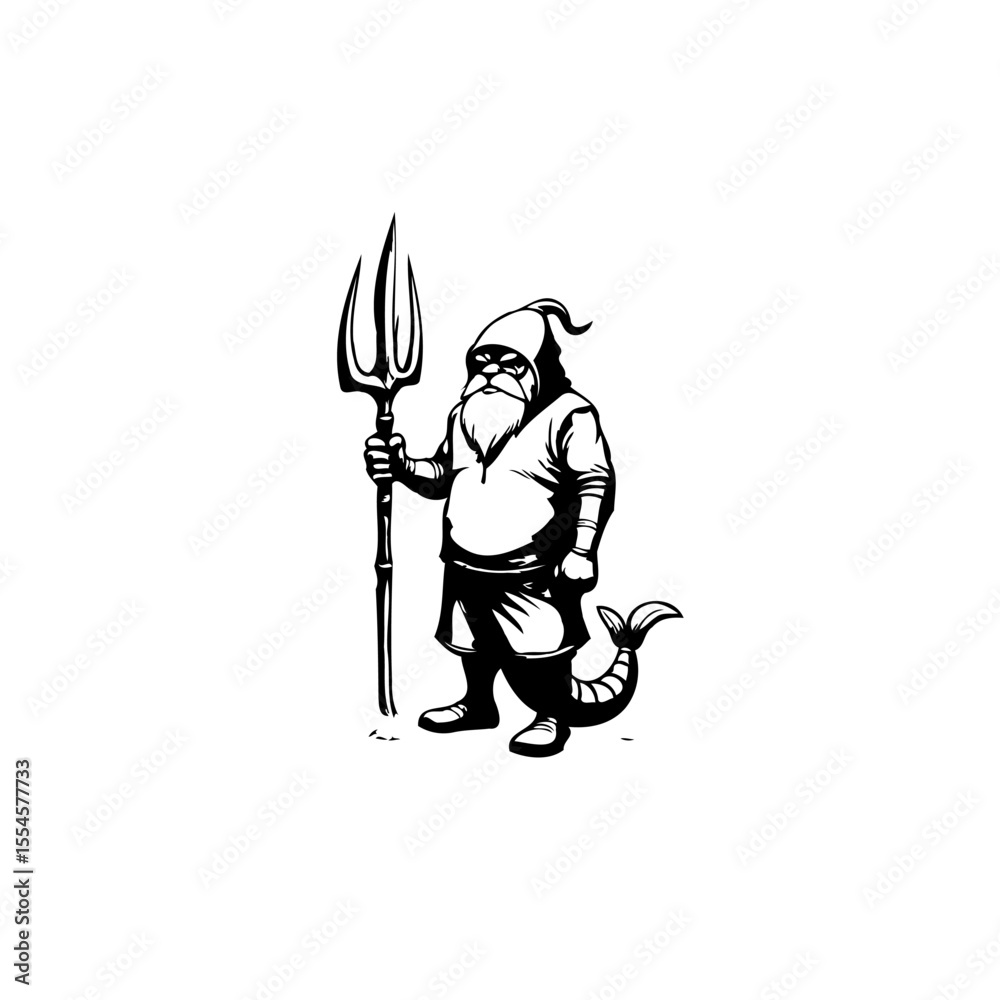 Obraz premium Mystical sea creature illustration with a trident and a beard ready for adventure or battle deep under the ocean