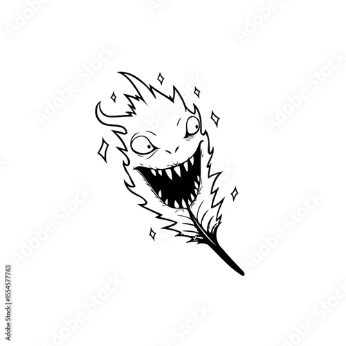 Whimsical monster illustration featuring a spiky feather design with an expressive face and sparkling accents