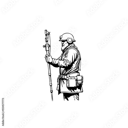 Detailed illustration of a vintage-style explorer or miner holding an elaborate staff in black and white artwork