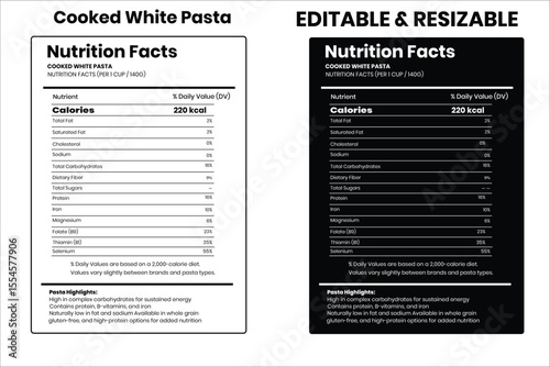 Cooked White Pasta nutrition facts, nutrition facts, food label, calorie chart, protein infographic, healthy eating, vitamin chart, editable template, diet plan, meal prep nutrition, food packaging la