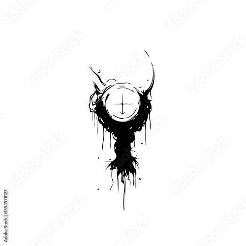 Abstract emblem illustration of dark dripping ink with occult symbol design, representing gothic themes and symbolism