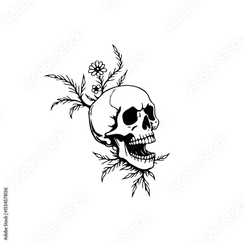 Intricate skull and floral illustration conveying themes of mortality, beauty, and the ephemeral nature of existence, creating contemplation