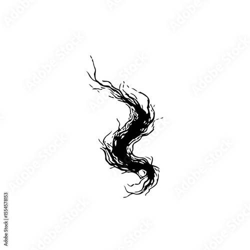 Eerie abstract black flow shape reminiscent of smoke or a sinister creature on white background