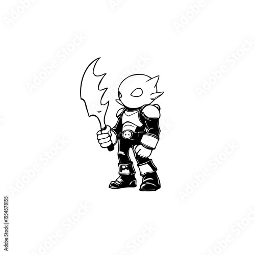Cartoon warrior character illustration holding a unique sword ready for battle showcasing bravery and strength with determined look