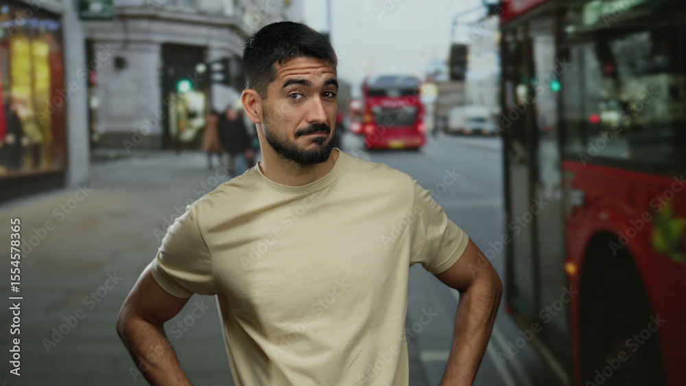 Fototapeta premium Young man standing confidently in an urban street with a background of iconic red buses, showcasing a charming smile and relaxed posture in a cosmopolitan city scene
