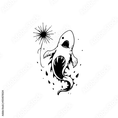 Whimsical ink drawing of a shark floating in the air holding a dandelion flower with simple style
