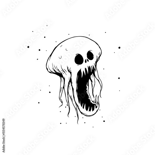 A chilling illustration of a ghostly apparition with sharp teeth floating in a starry void beckons
