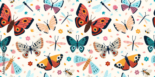 Seamless pattern with butterflies, dragonflies and wildflowers. Colorful design for textile, wrapping paper or summer themed products. Vector illustration on light background, hand drawn, flat