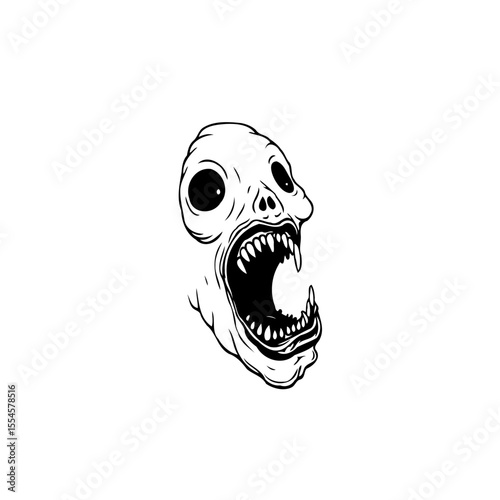 Terrifying horror monster with gaping mouth illustration conveys nightmares and spooky supernatural fears in black and white