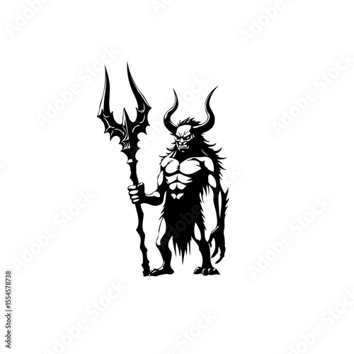 Demonic Warrior Illustration: Black and White Depiction of Mythical Creature Holding a Trident with Horns and Menacing Appearance