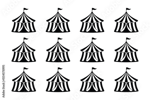 Collection of twelve black circus tent silhouette illustrations for carnival and event design

