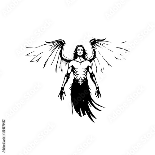 Stylized depiction of winged male figure illustration conveys mystical power and ethereal presence, evoking ancient myths