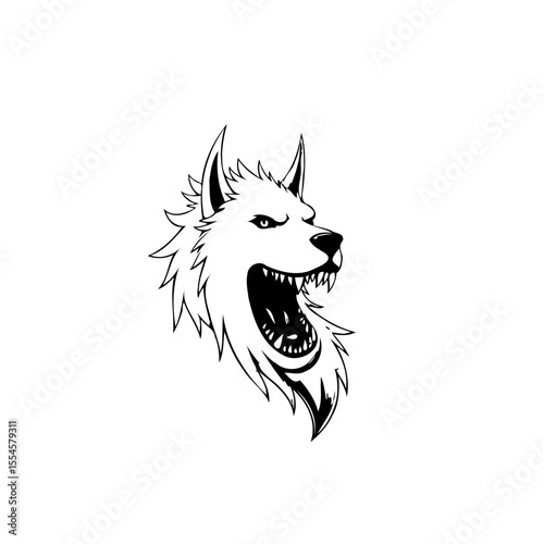 Ferocious wolf head illustration presenting detailed design symbolizing power and ferocity with sharp teeth and expressive features in monochrome