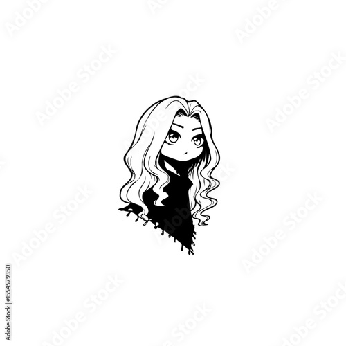 Chibi-style artwork of a woman with long wavy hair and a dark shawl: captivating monochrome design