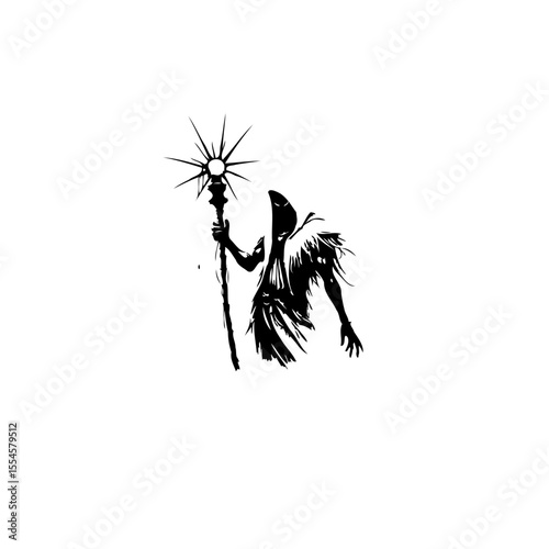 Mystical figure wielding a celestial staff, an enchanting illustration evoking spiritual themes and magical realms, rendered in striking monochrome