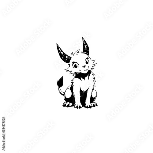 Cute fantasy creature with horns a whimsical illustration black and white outline drawing for digital design