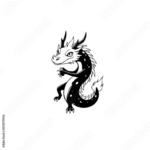 Mystical chinese dragon illustration black and white whimsical creature fantasy art oriental mythology legendary beast design with cute style