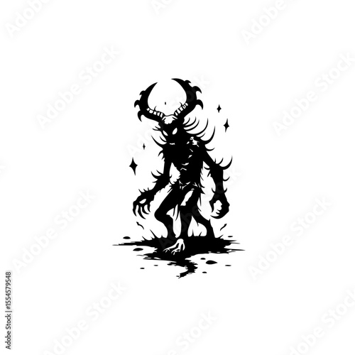 Silhouette of a demonic creature with horns and menacing claws, a dark fantasy illustration