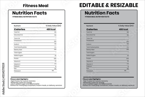 Fitness Meal Nutrition, nutrition facts, food label, calorie chart, protein infographic, healthy eating, vitamin chart, editable template, diet plan, meal prep nutrition, food packaging label