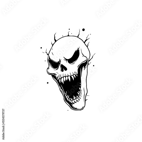 Creepy halloween skull illustration with cracked effects black and white for creative projects with mysterious themes