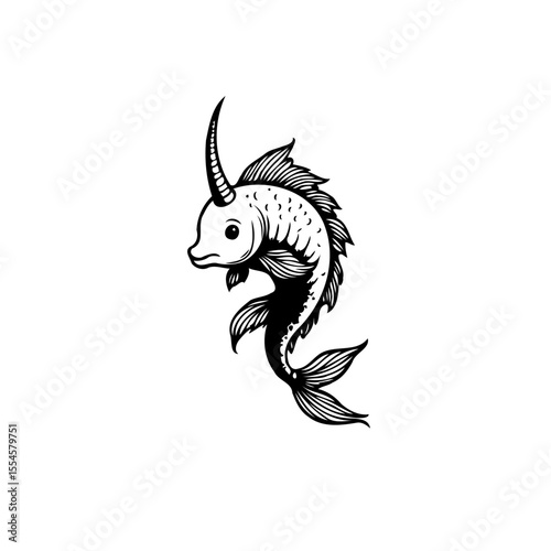 Enigmatic aquatic creature illustration features a whimsical fish with a unicorn horn and distinctive dorsal fins