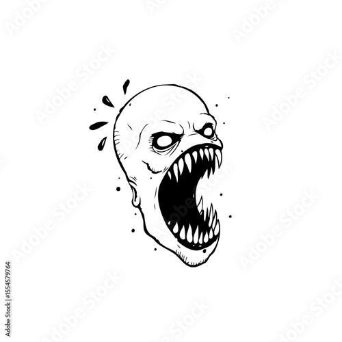 Spooky halloween character illustration black and white concept featuring a creepy screaming monster design with sharp teeth