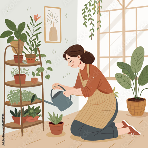 A woman taking care of her indoor plants, watering, pruning, or repotting them in a bright room with rattan shelves, plant stands, earthy tones, and a peaceful expression.