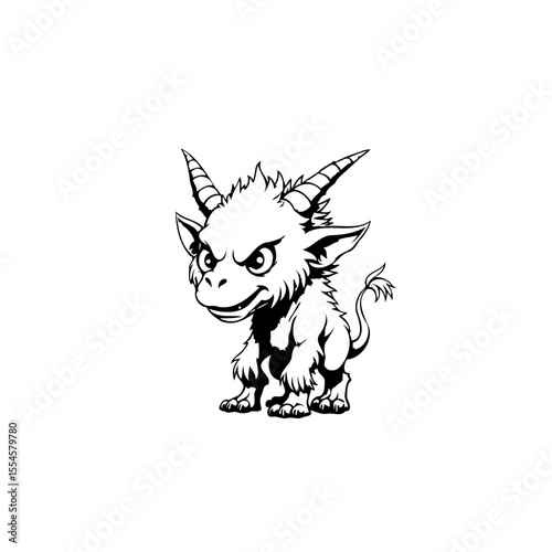 Cartoon depiction of an imp with horns evoking mystical medieval folklore characterization in monochrome design