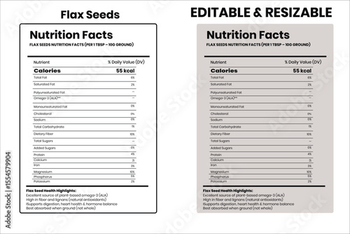 Flax Seeds nutrition facts, nutrition facts, food label, calorie chart, protein infographic, healthy eating, vitamin chart, editable template, diet plan, meal prep nutrition, food packaging label