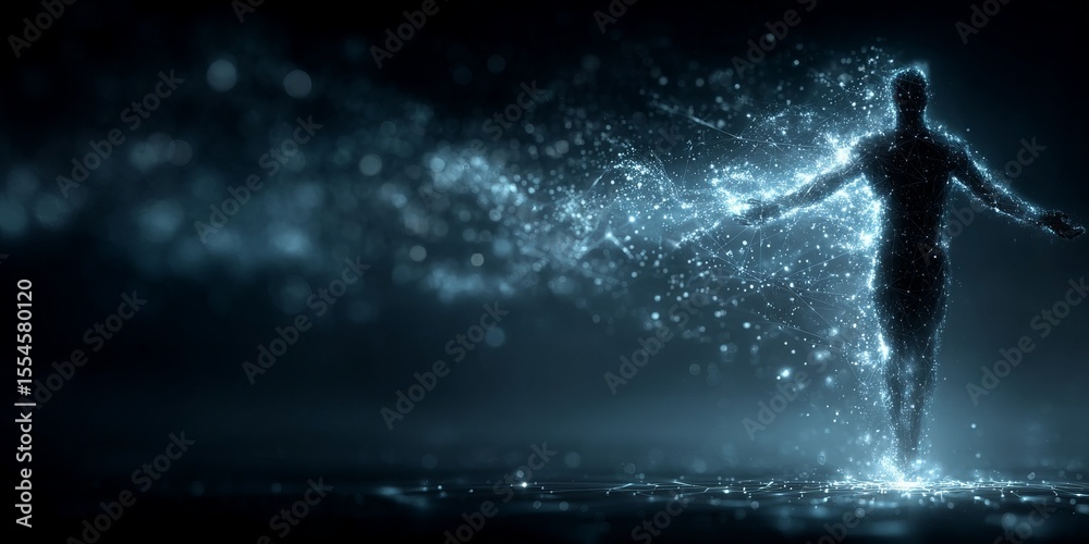 Obraz premium Glowing digital human figure dissolving into particles with outstretched arms in dark futuristic space