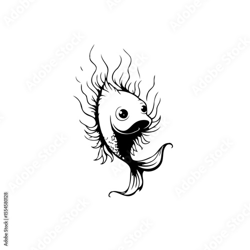 Cartoon fish illustration with spiky fins and a big smile against white background for kids books