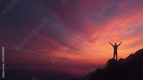 Person Reaching Peak at Colorful Sunrise on Mountain Top
