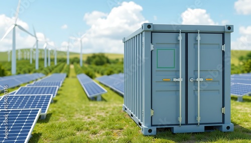 Energy storage systems with Solar farm and windmills. Battery container, renewable battery storage concept. 3d render, 8k Detail Resolution
