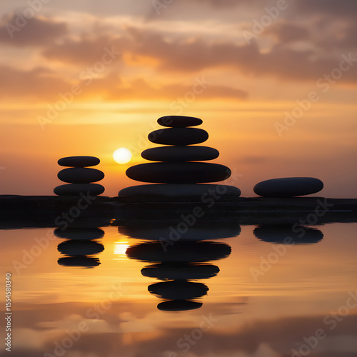 Zen balance of stacked stones reflected in calm water at sunset with warm orange sky and clouds