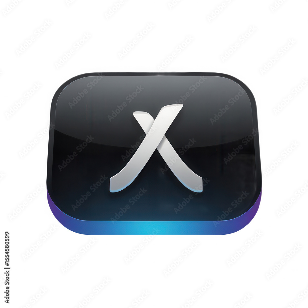 Obraz premium Glossy black icon with a white x symbol and blue gradient on the bottom